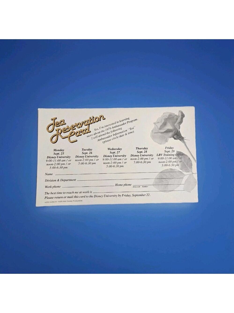 Rare 1979 Walt Disney Productions Ambassador Tea Card